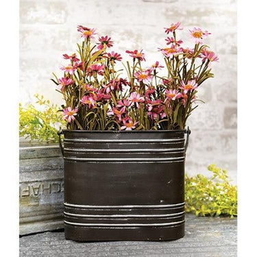 Black Distressed Metal Oval Flower Bucket With Handle - The Fox Decor